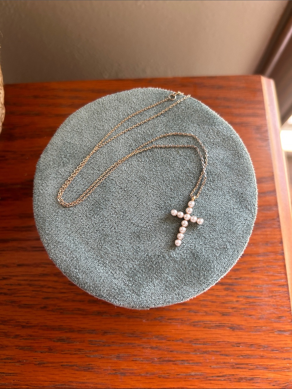 DRY GOODS Delicate Pearl Cross Pendant Necklace in Gold